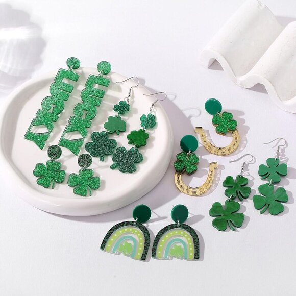 St Patrick's Day Earrings Set 9 Pairs Green Shamrock Clover Festive Dangle Jewel - Picture 5 of 8